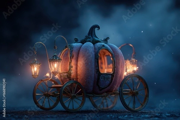 Fototapeta A 3D render of a whimsical pumpkin-shaped carriage with a glowing candle inside, perfect for fairy tale or Halloween themed designs.