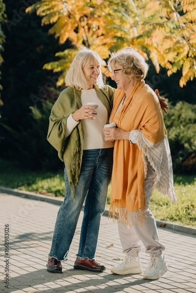 Fototapeta Two senior women enjoying coffee and conversation in autumn park