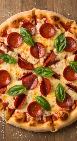Fototapeta Delicious pepperoni pizza with basil leaves on a wooden table, top view