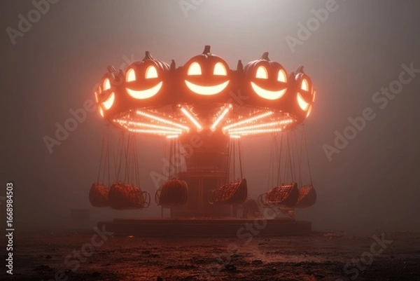 Fototapeta A 3D render of a creepy red carousel with glowing lights on it, creating a mysterious and eerie atmosphere.