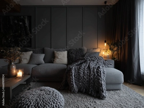 Fototapeta A cozy living room, bathed in soft, warm light, features a sectional sofa draped with a chunky knit throw, creating a sophisticated yet inviting atmosphere.