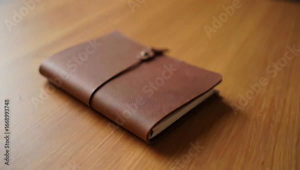 Obraz Brown leather notebook on a wooden table, perfect for journaling and writing