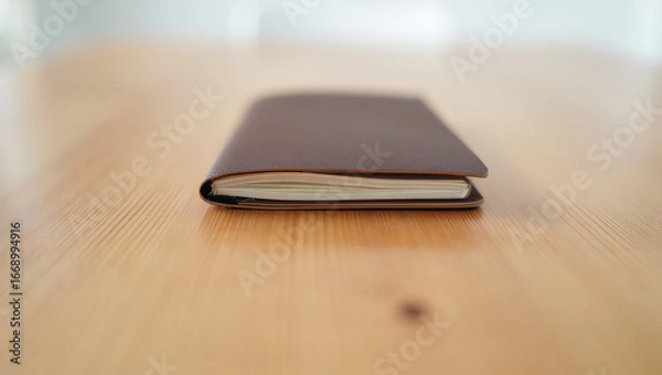 Obraz Brown leather notebook lying on a wooden table with a vintage and retro style