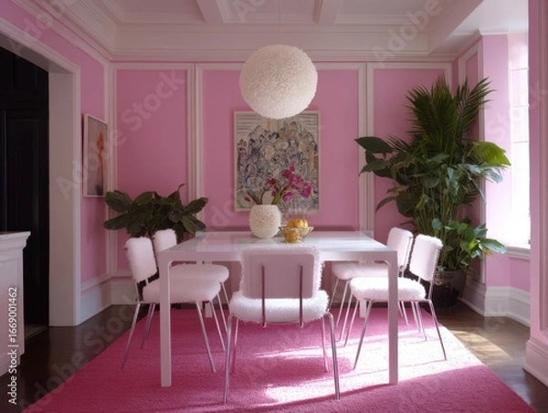 Fototapeta A dining room boasts a vibrant pink color scheme, featuring a white table and chairs with plush seating, complemented by lush greenery and a decorative Asian-inspired artwork.