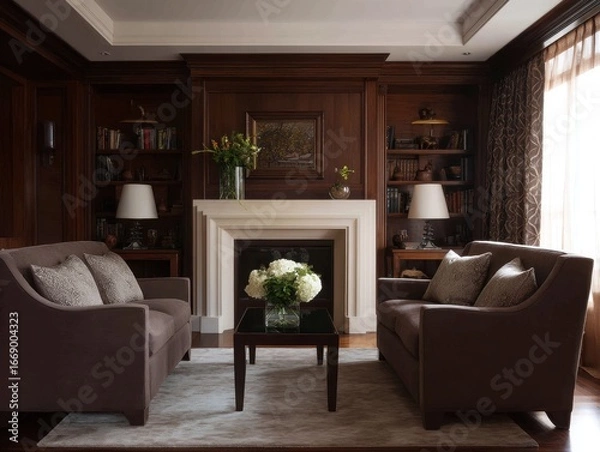 Obraz Elegant dark-brown living room featuring a fireplace, bookshelves, and comfortable seating arrangements.