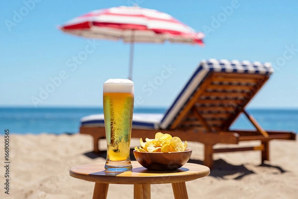Fototapeta Refreshing beer and snacks on a table at the beach
