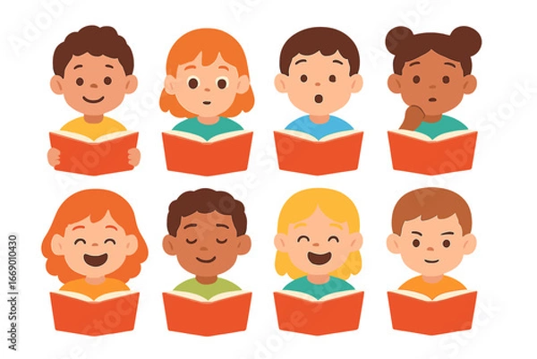 Fototapeta Colorful Emotions Grid. Flat vector mini-illustrations e-book reading emotions in colors children's illustrations: happy face,