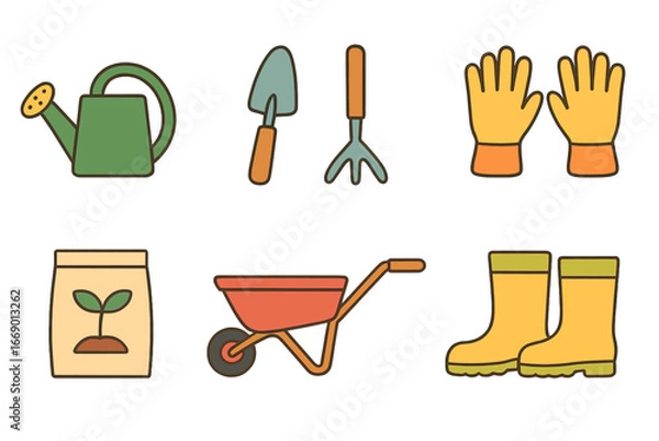 Fototapeta Garden Tools Icons. Flat vector mini-illustrations vegetable garden tools in colors children's illustrations: watering can, trowel