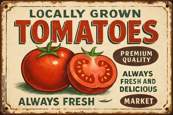 Fototapeta Illustrated tomatoes on retro-style market sign, rustic background. Promotes fresh, locally grown premium produce. Vintage tin sign, emblem badge patch with retro design and distressed look
