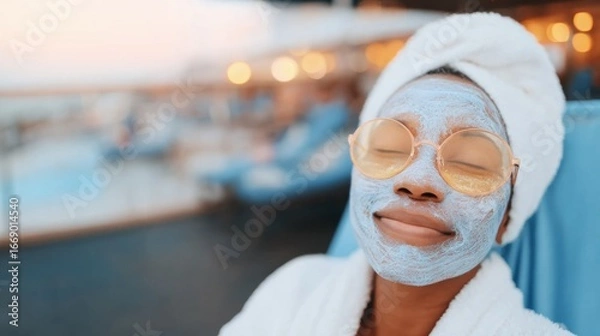 Fototapeta Relaxation at sunset with a soothing facial mask on a cruise ship