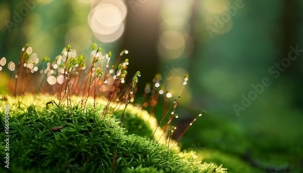Obraz close up of dew on moss in a rainy forest scene subject positioned on the right sparkling under backlit clear copy space on the left