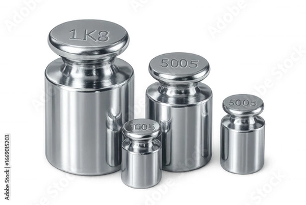 Fototapeta Chrome calibration weights showing different mass values isolated on transparent background, ready for e-commerce or web design