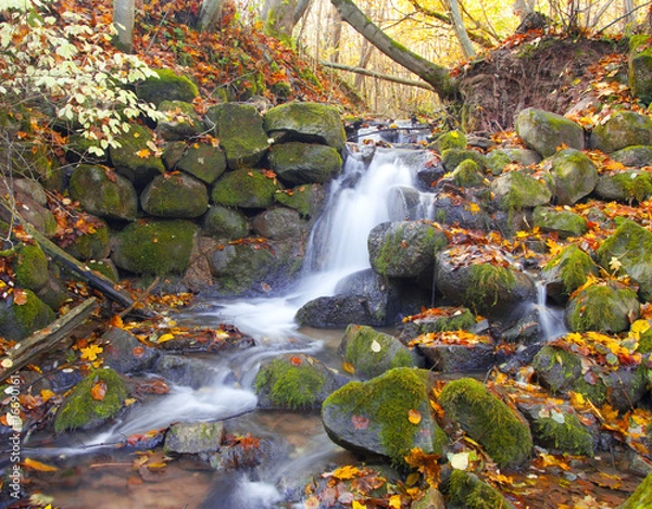 Fototapeta beautiful cascade waterfall in autumn forest