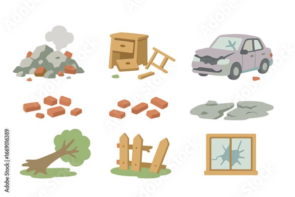 Fototapeta Aftermath in Icons. Flat vector mini-illustrations aftermath of collapse in colors children's illustrations: rubble pile, broken