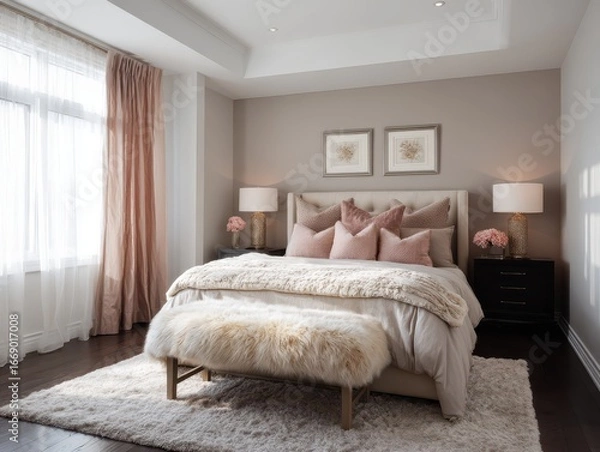 Fototapeta A serene bedroom features a calming color palette of blush pink, beige, and taupe, accented by warm lighting and decorative elements.