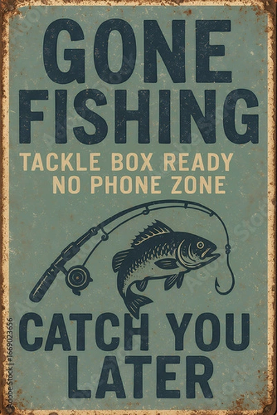 Fototapeta Vintage-style fishing sign with bold Gone Fishing text, rod and fish illustration on rustic blue background. Vintage tin sign, emblem badge patch with retro design and distressed look