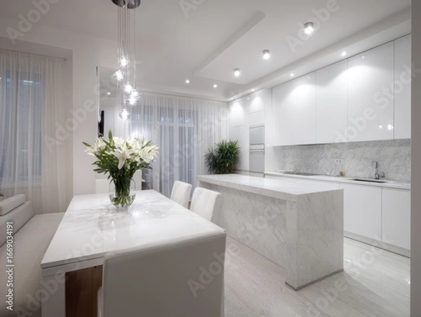 Fototapeta A spacious, modern kitchen and dining area bathed in bright, white light, featuring a large marble countertop island and a stylish pendant light fixture.