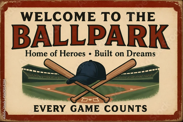 Fototapeta Vintage baseball stadium sign with crossed bats, cap, stylized text, and field background, classic sports concept. Vintage tin sign, emblem badge patch with retro design and distressed look