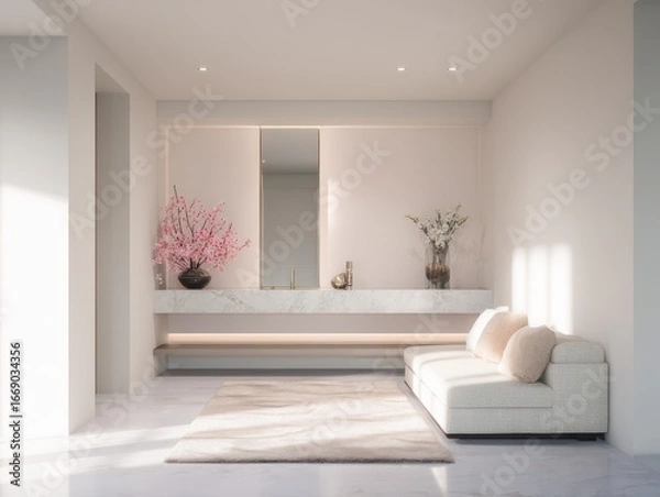Fototapeta A contemporary entryway, bathed in soft sunlight, showcases a muted palette of beiges and whites, accented by delicate pink blossoms, and a plush sectional.