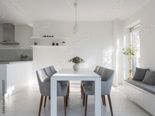 Fototapeta A bright, modern dining area with a minimalist white color scheme, featuring a long white table, comfortable gray chairs, and ample natural light.