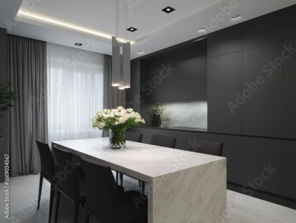 Fototapeta A modern, minimalist dining area featuring a large, white marble table and dark gray cabinetry.