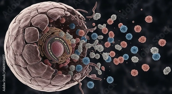Fototapeta Detailed 3D illustration of a biological cell undergoing lysis, showing the nucleus, organelles, and the release of particles