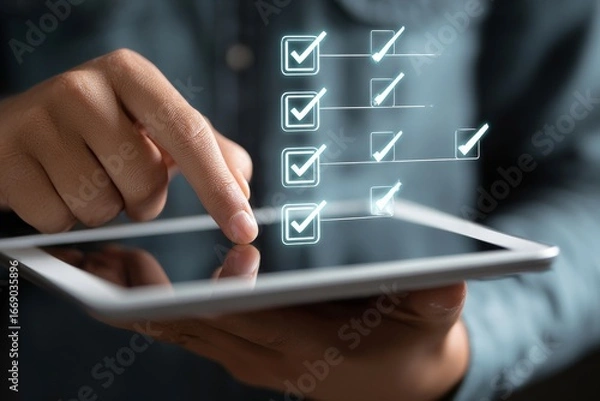 Fototapeta Person using a tablet with a checklist interface, illustrating project completion and goals.