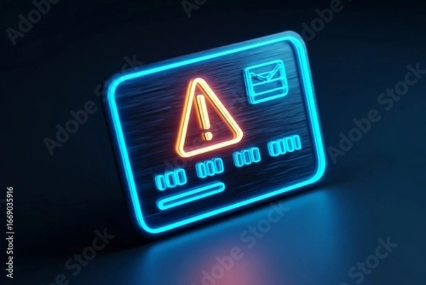 Fototapeta Neon credit card with a warning symbol, indicating financial danger or a security breach.