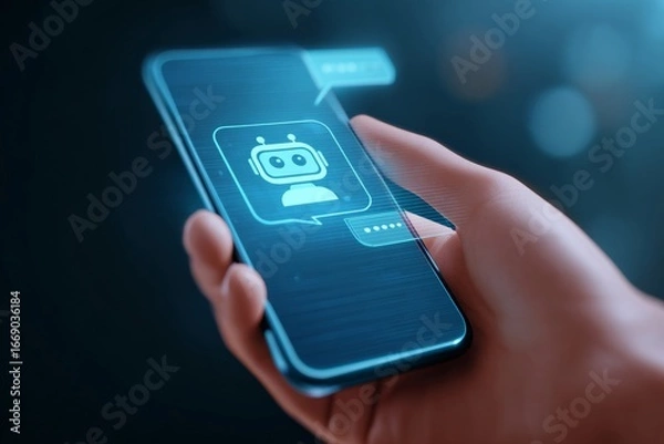 Fototapeta A hand holding a smartphone with a chatbot interface, conveying digital interaction and artificial intelligence.