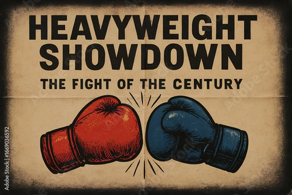 Fototapeta Two boxing gloves clash in vintage style on grunge background, symbolizing a dramatic sports rivalry. Vintage tin sign, emblem badge patch with retro design and distressed look