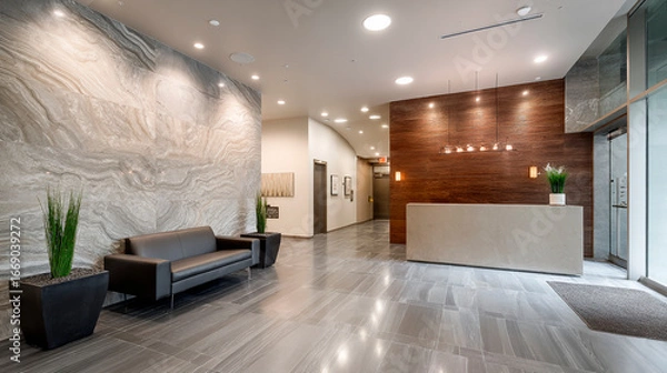Fototapeta Elegant lobby featuring stone walls, tiled floors, a reception desk, and seating area.