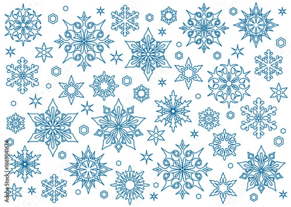 Fototapeta Snowflakes. Christmas background. Background template for winter, New Year and Christmas posters, greetings, invitations. Design holiday packaging, textiles and wrapping paper. Isolated. Vector