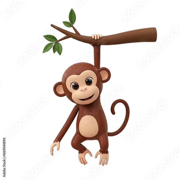 Obraz A cheerful cartoon monkey hangs from a branch against a stark black background.