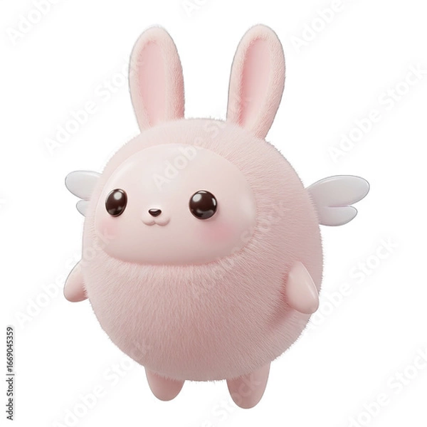 Obraz A fluffy, pink, round rabbit with cartoonish features and angel wings is presented against a black background.