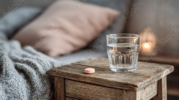 Fototapeta Glass of water and a pink pill sit on a rustic wooden nightstand next to a cozy bed with a soft blanket, creating a tranquil scene of rest and recuperation