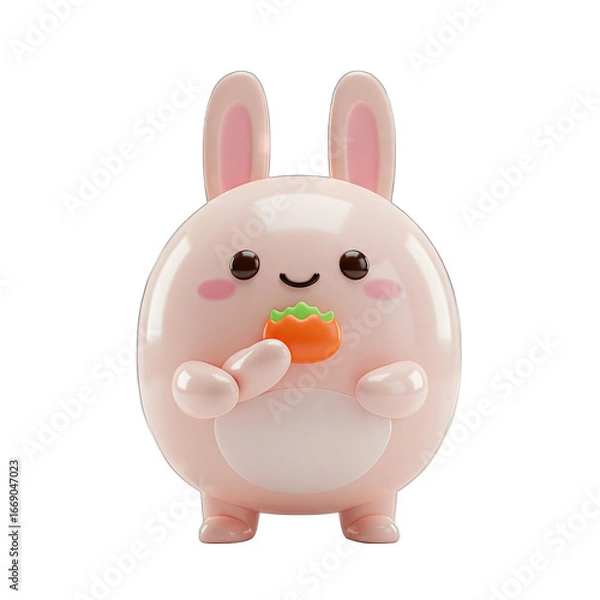 Fototapeta A cheerful, cartoonish pink rabbit holds a small orange carrot, presented in a playful, 3D style.
