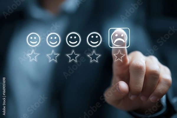 Fototapeta Finger selecting the sad face emoticon indicating a negative experience or feedback on a survey.