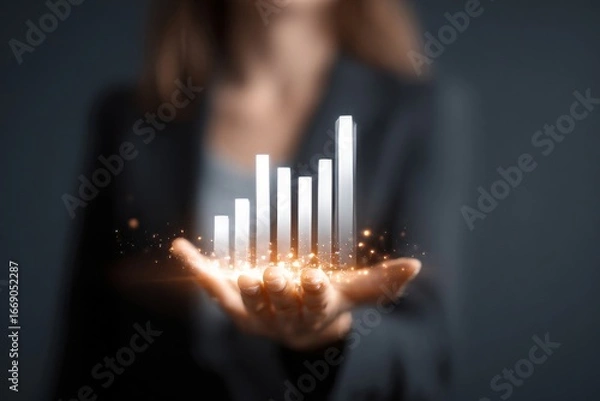 Fototapeta Businesswoman presents a graph indicating financial growth and success.