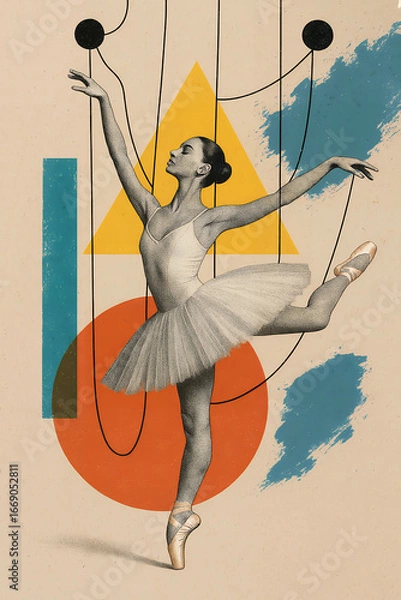 Fototapeta Ballerina posed like puppet with geometric shapes, textured sketch style, beige background, control concept. Modern design, contemporary art collage. Trendy urban magazine style