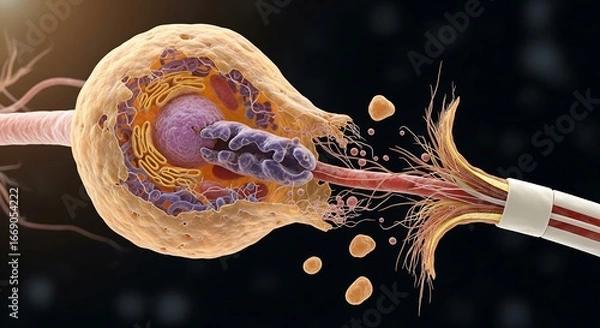 Fototapeta Detailed 3D rendering of a damaged neuron showing the process of demyelination and neurodegeneration in the nervous system