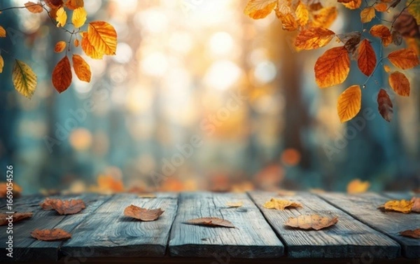 Fototapeta autumn background with a wooden table and autumn leaves in a forest at sunset autumn nature banner for product display or to design your own products Generative AI