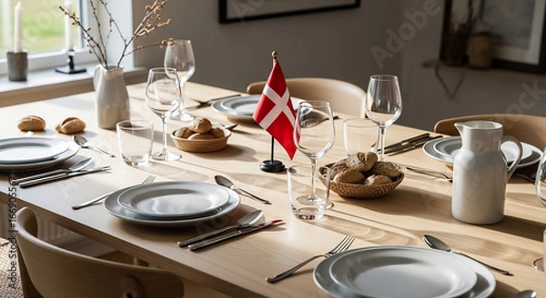 Fototapeta Festive Danish Dining Table Setting with National Flag.