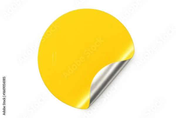Fototapeta Round yellow sticker with curled silver corner on transparent background, creating a customizable space for text or design