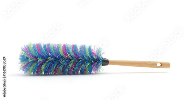 Fototapeta Colorful duster brush with wooden handle, household cleaning tool used for removing dust at home.