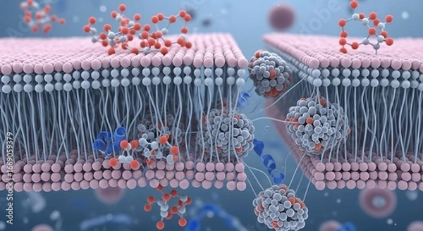 Fototapeta A detailed 3D illustration of a cell membrane lipid bilayer with molecules passing through a protein channel, representing cellular transport