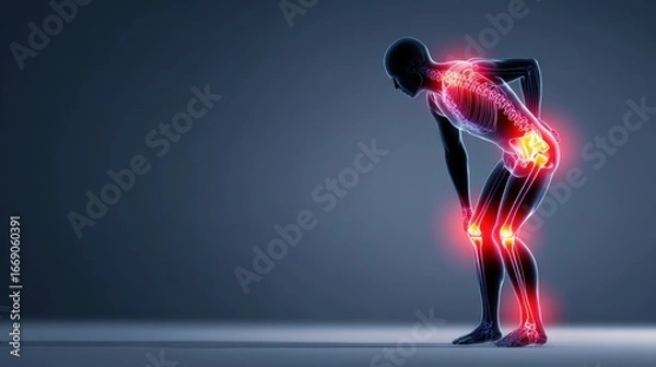 Fototapeta Silhouette of person holding back with glowing red areas on spine and knees symbolizing widespread arthritis flareup effects.