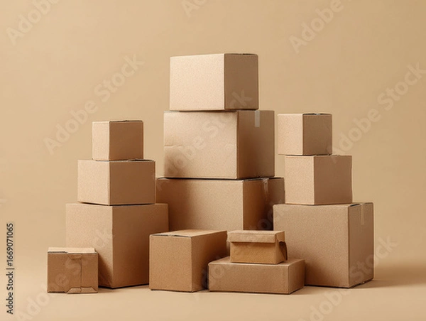 Fototapeta Close-up image of a stacked pile of cardboard boxes, arranged upright and flaps outward, against a light, textured backdrop No people or animals, neutral color palette, - AI-Generated