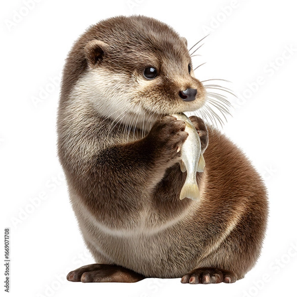 Fototapeta Adorable otter cub joyfully eats a small fish, showcasing its playful and curious nature.