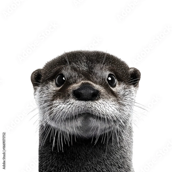 Fototapeta A curious otter's face, framed in a close-up portrait against a stark white background, with wide, expressive eyes.