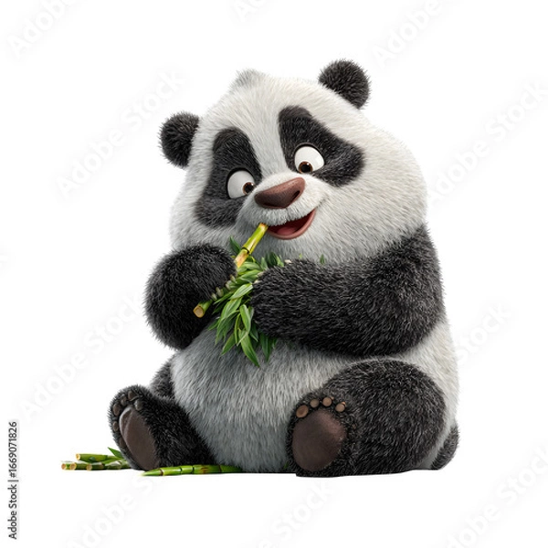 Fototapeta Adorable cartoon panda enjoys a healthy snack of bamboo with a happy expression.